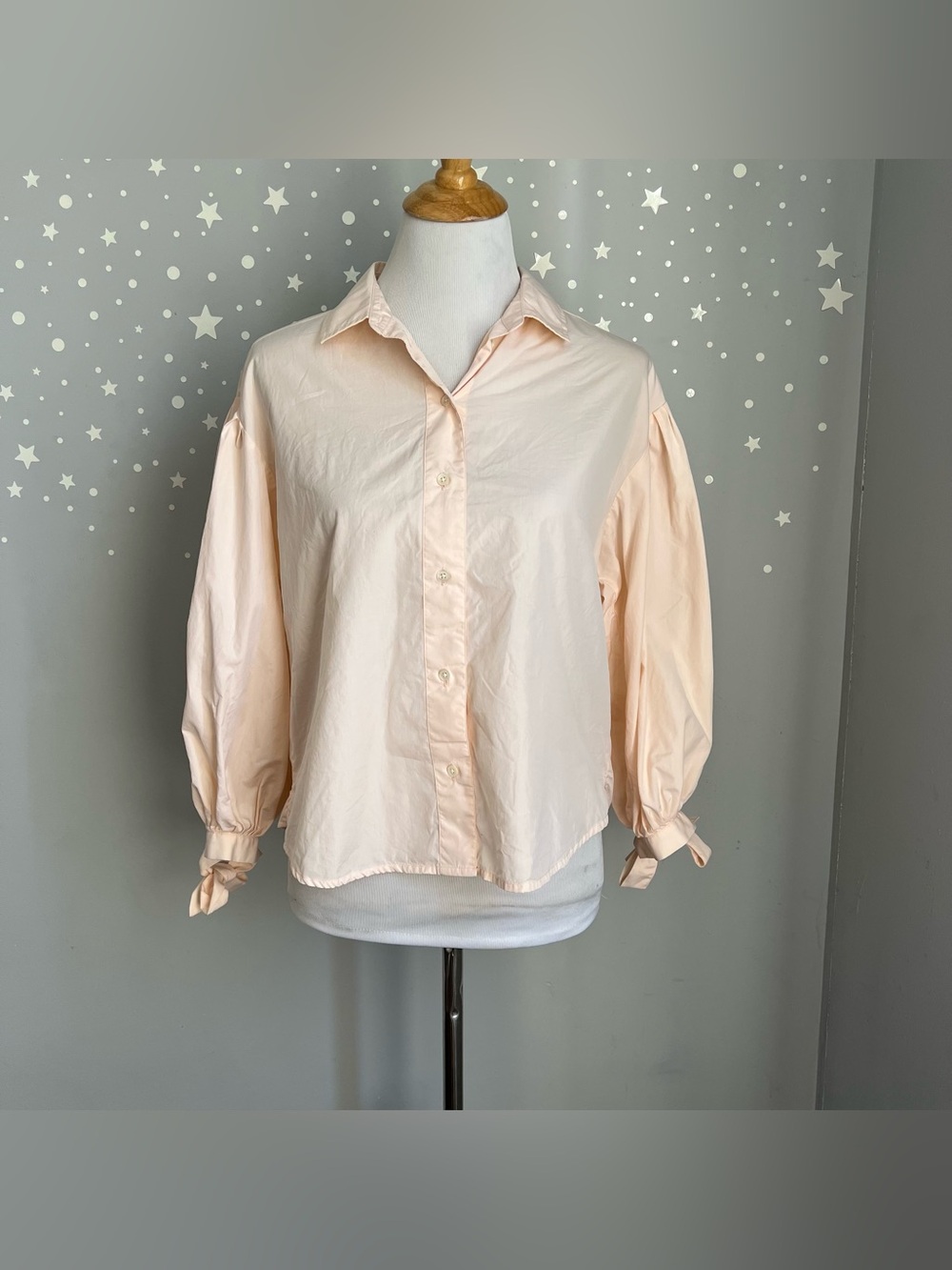 Frame Denim Tie Cuff Poplin Shirt Light Pink Balloon Sleeve Button Up S